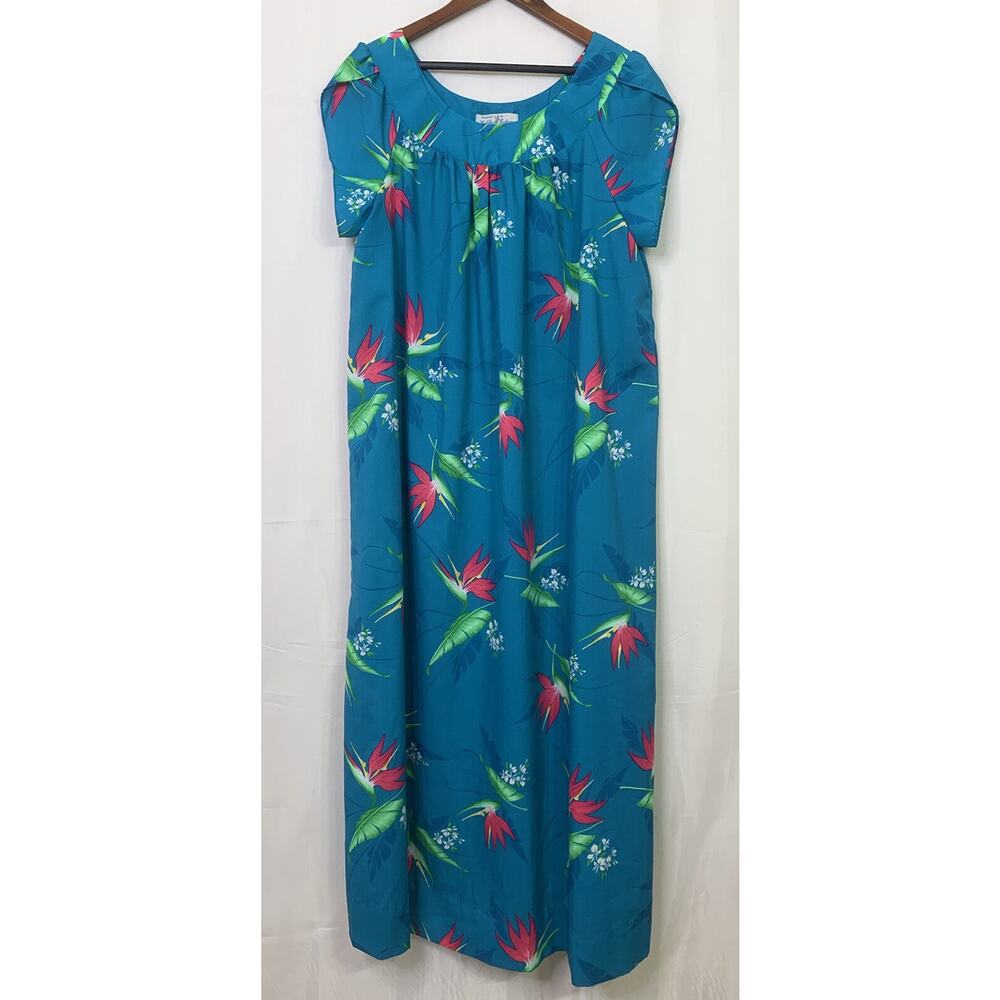 Hukilau Fashions Size 20 Hawaiian Poly Dress Teal Green Floral Birds of Paradise